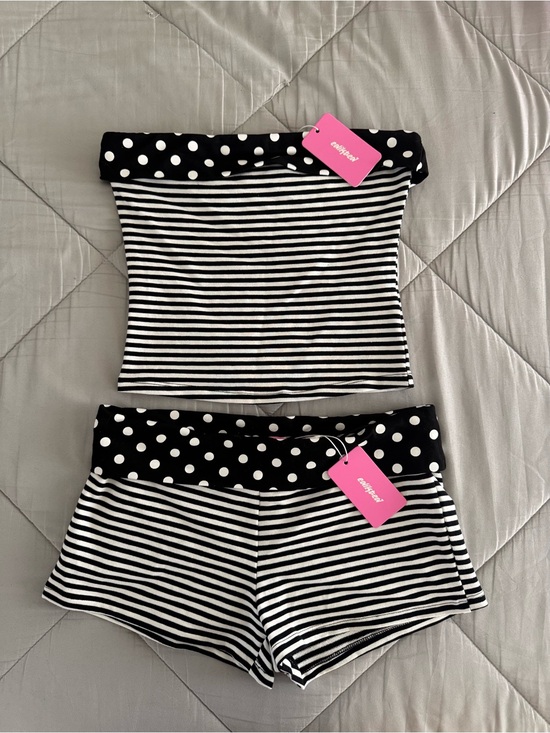 Edikted Pants - Edikted Presley Stripe & Polka Dot Foldover Tube Top and Shorts